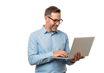 Man wearing glasses working on a laptop isolated on transparent background