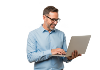 Man wearing glasses working on a laptop isolated on transparent background
