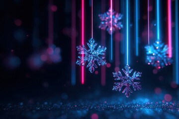 A futuristic Christmas-themed interface featuring holographic snowflakes on a neon blue and pink background. The snowflakes create a mesmerizing wallpaper design.