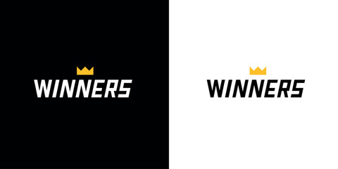 Logo created with geometric italic typography with the word "winners" and a golden crown