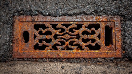 Close up of a weathered ornate rusty metal vent cover on a rough surface
