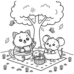 Cute Cat and Mouse Having Picnic Together coloring page