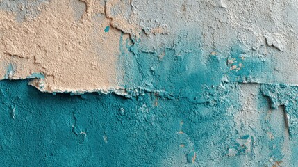 Textured wall with peeling paint in blue and beige colors closeup