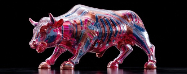 A shiny, stylized bull sculpture with colorful, translucent features, suggesting strength and vitality against a dark background.