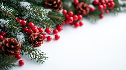 Snow Scene Pine Branches, Red Berries and Pinecones Decoration, Christmas Winter Design Material, Pine Branches and Red Berries Christmas Elements Background