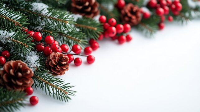 Snow Scene Pine Branches, Red Berries and Pinecones Decoration, Christmas Winter Design Material, Pine Branches and Red Berries Christmas Elements Background