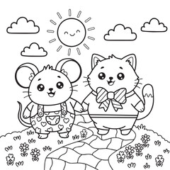 Cute Mouse and Cat Walking Under Sunny Sky coloring page