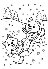 Cute Puppies Playing Joyfully in Snowy Forest Coloring page