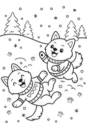 Cute Puppies Playing Joyfully in Snowy Forest Coloring page