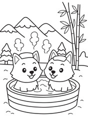 Cute Puppies Relaxing in Mountain Hot Spring coloring page