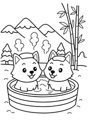 Cute Puppies Relaxing in Mountain Hot Spring coloring page