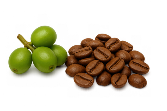Unroasted green coffee cherries and roasted brown beans representing the transformation from raw to ready