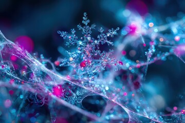 A close up of a futuristic Christmas interface with holographic snowflakes in neon colors.