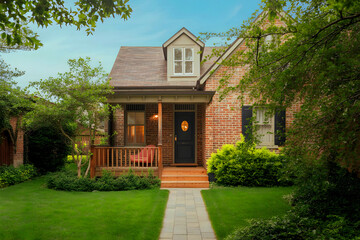 A well-maintained garden surrounds the exterior of a luxurious home with brick and siding trim. America.