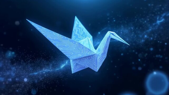 Serene glowing blue origami crane flying through dark magical fantasy space. paper craft creation and symbol of hope and peace