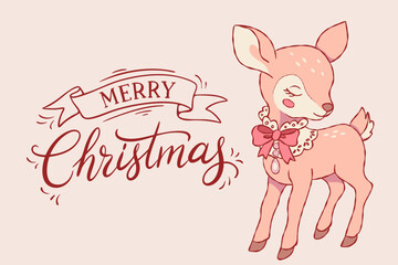 Merry Christmas Banner with Cute Deer in Coquette Style