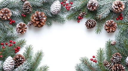 Snow Scene Pine Branches and Pinecones Christmas Border, Winter Festive Design Material, Pine Branches and Pinecones Christmas Elements Border Background