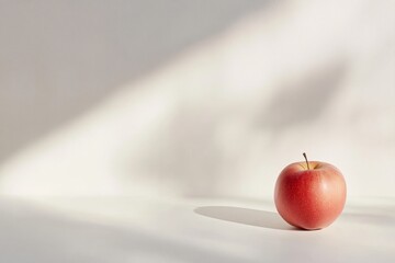 Red apple resting on a smooth white surface with natural lighting and minimal shadows