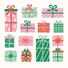 Colourful cartoon present with bow set. Christmas elements. Vector illustration