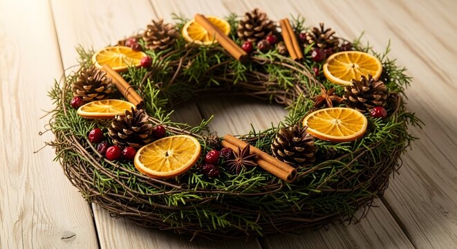 Weihnachten, Kranz, Natur, Pinien, Zapfen, Trockenfr&uuml;chte, Holz, rustikal, Dekoration, festlich, warm, nat&uuml;rlich