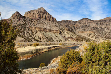 Beautiful Fall Foliage View while Driving through the Wind River Canyon Scenic Byway in Wyoming.