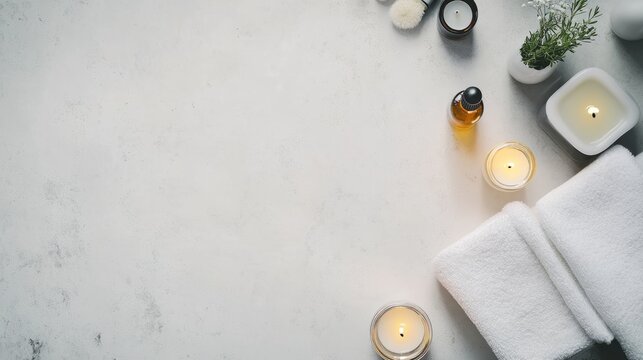 Candles and towels arranged on a clean white background for home decor or relaxation