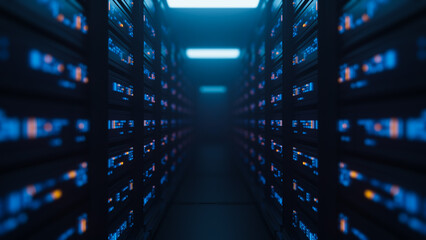 Big data center server racks hardware data network host room storage systems technology. 3d...