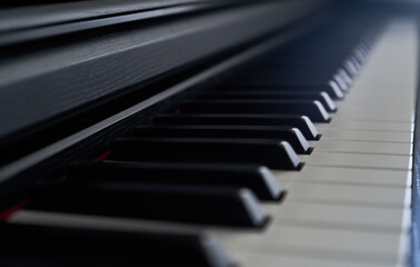 Close up of piano keyboard. Selective focus and shallow depth of field.