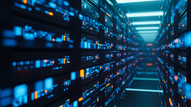 Big data center server racks hardware data network host room storage systems technology. 3d rendering.