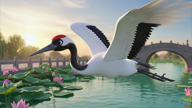 A red-crowned crane flies low over a serene pond with pink water lilies and a traditional stone bridge in the background at sunset
