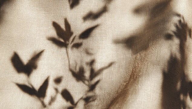 Leaf shadows on textured, beige fabric. Nature's gentle touch creates a calming aesthetic