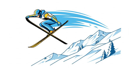 Freestyle Ski Jump in Mountains – Winter Extreme Sports Concept illustration