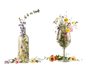 Artistic still life with colorful wildflowers flowing into wine glasses isolated on transparent background © MstFahmida