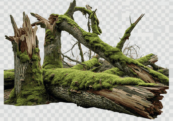 Create Set of Quercus dentata (also known as Daimyo oak or Japanese Emperor oak) sick fallen trees in moss isolated png on a transparent background perfectly cutout