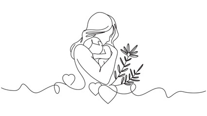 Elegant One-Line Drawing: Mother and Child in Loving Embrace with Floral Accents