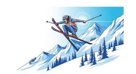Extreme Skier Jumping on Snowy Mountain – Winter Sport Illustration