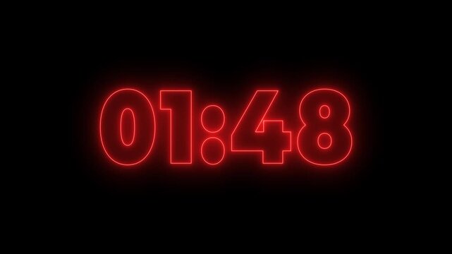 Neon 2 minutes digital countdown timer animation from 120 seconds to 0 seconds on transparent background with alpha channel,