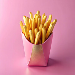 French fries in a pink paper cup on a pink background, closeup studio shot