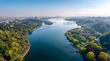 Fototapeta premium Scenic view of Wuhan’s East Lake in Hubei province, China, capturing tranquil waters, lush greenery, and the natural beauty of the East Lake Scenic Area. 