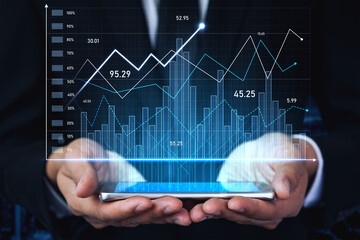 A business professional analyzes data trends and financial graphs on a smartphone. This image represents corporate analytics, market growth, and technology integration. Scalp