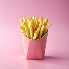 French fries in a pink paper cup on a pink background, fast food concept