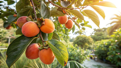 Sunlit persimmons on a tree branch, capturing the vibrant colors and textures of the fruit and foliage in a serene garden setting in autumn
