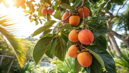 Ripe persimmon fruits hanging on a tree branch in the garden, illuminated by the warm rays of the sun, ready to be harvested for a healthy snack