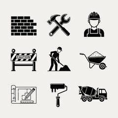 construction building industry tools workers icons set
