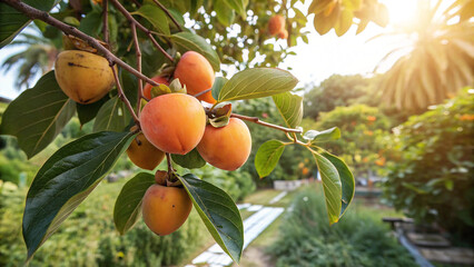 A vibrant persimmon tree branch, laden with ripe fruits basking in the warm sunlight, promising a delicious and nutritious harvest in the garden