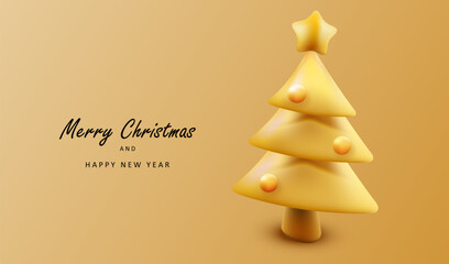 Realistic yellow golden 3d tree with balls and star on it.  Merry Christmas card. Holiday vector gold background.