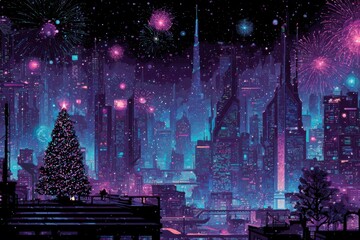 A futuristic cyberpunk cityscape with colorful fireworks illuminating the sky and a glowing neon Christmas tree in the foreground.