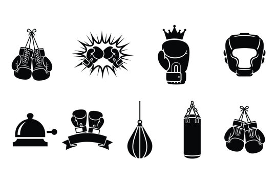 Boxing Silhouette Icon Set with Gloves, Punch Bag, Headgear and Training Equipment