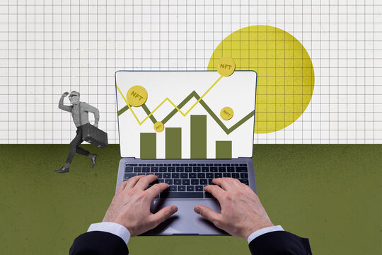 Collage depicting nft trading success and digital freelance income in a modern economic business online concept