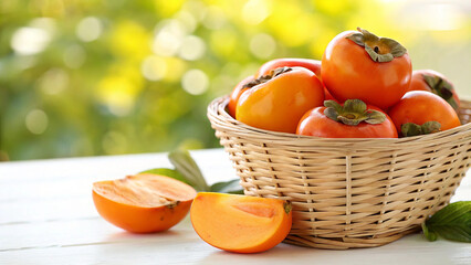 A vibrant display of ripe persimmons in a wicker basket on a white table against a blurred green background, showcasing the beauty of autumn harvest